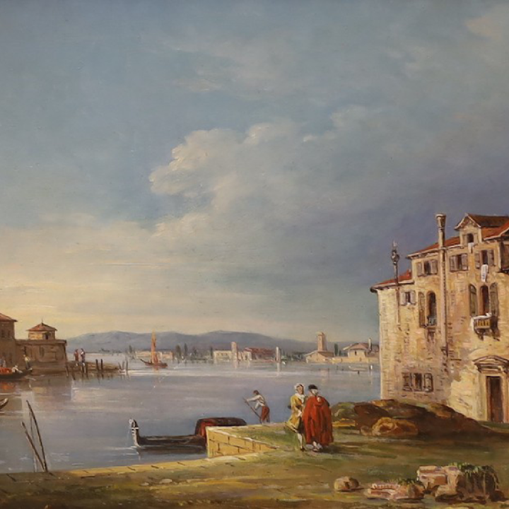 After Francesco Guardi (1712-1793), oil on wooden panel, Venetian view