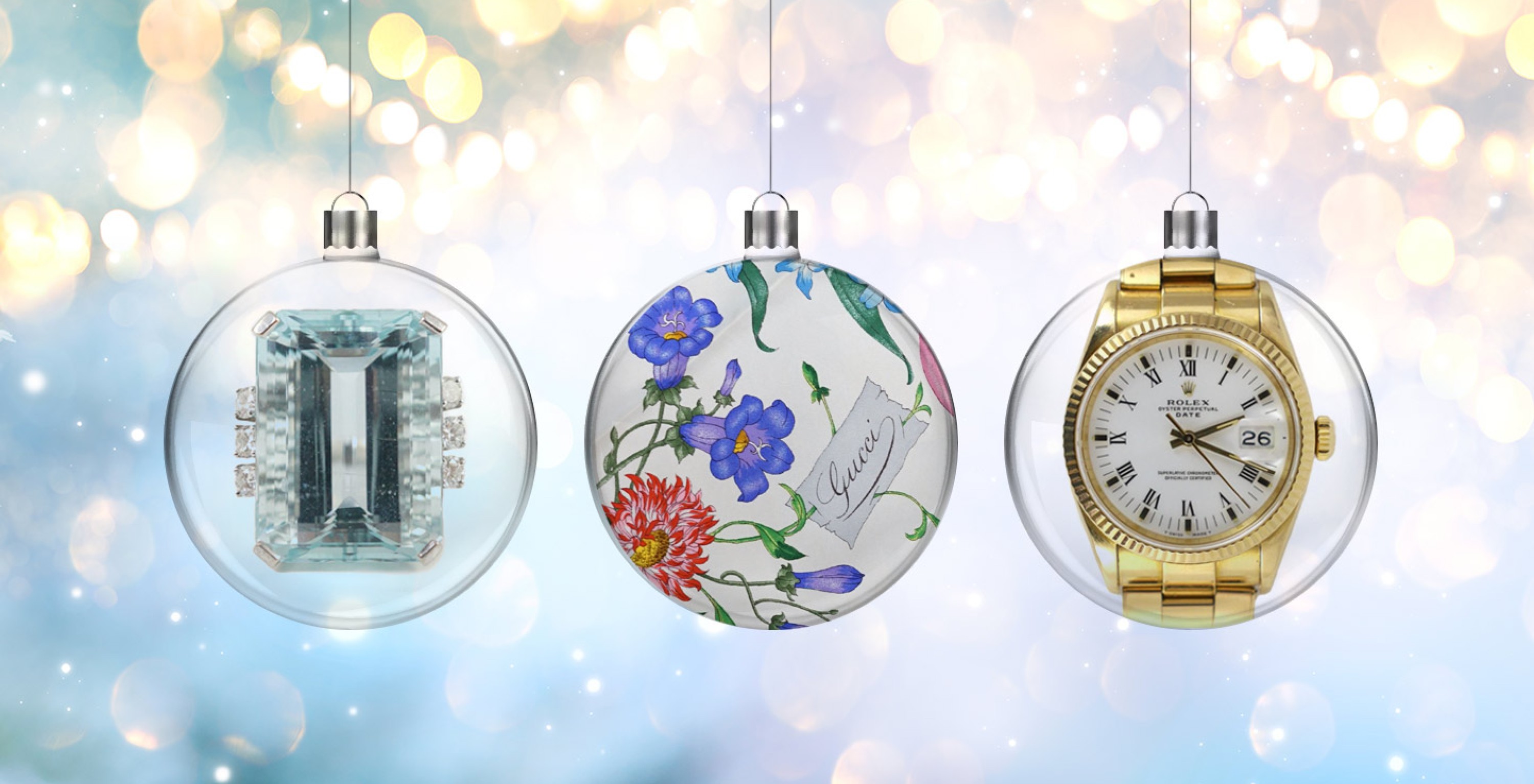 jewellery, gucci scarf and rolex christmas baubles