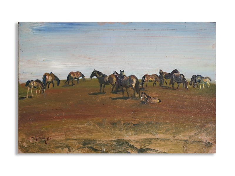 Sir Alfred James Munnings P.R.A., R.W.S. (British, 1878-1959), Exmoor Ponies, Study no.17, oil on wooden panel.