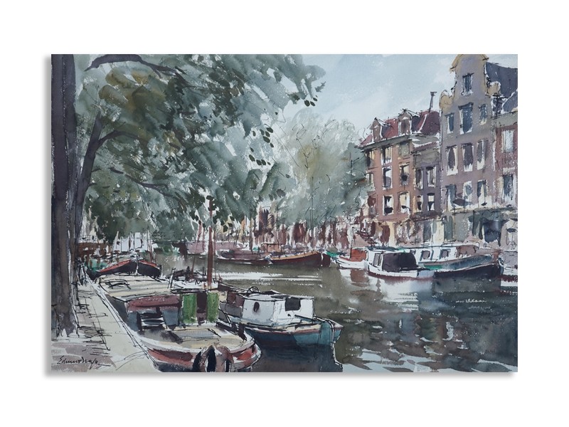 Edward Brian Seago RWS RBA (British, 1910-1974), Canal Scene, Amsterdam 1953, ink and watercolour.