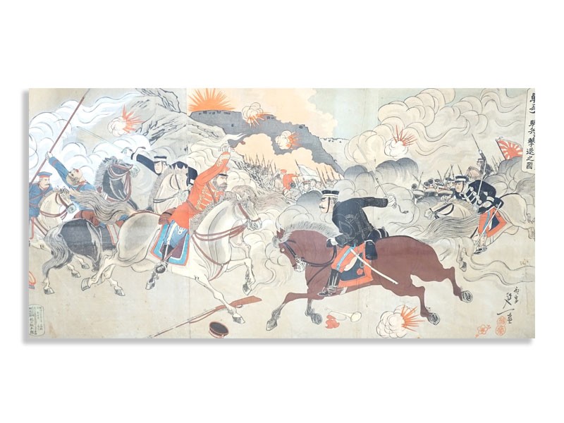 Gintaro, Japanese woodblock print, Soldiers on horseback, 35 x 68cm.