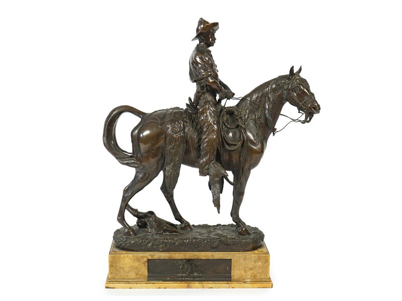 Lot 291 , Walter Winans (St. Petersburg, 1852-Parsloe Park, Essex, 1920), a cast bronze of the artist, as a cowboy, riding the Arab stallion Skowronek