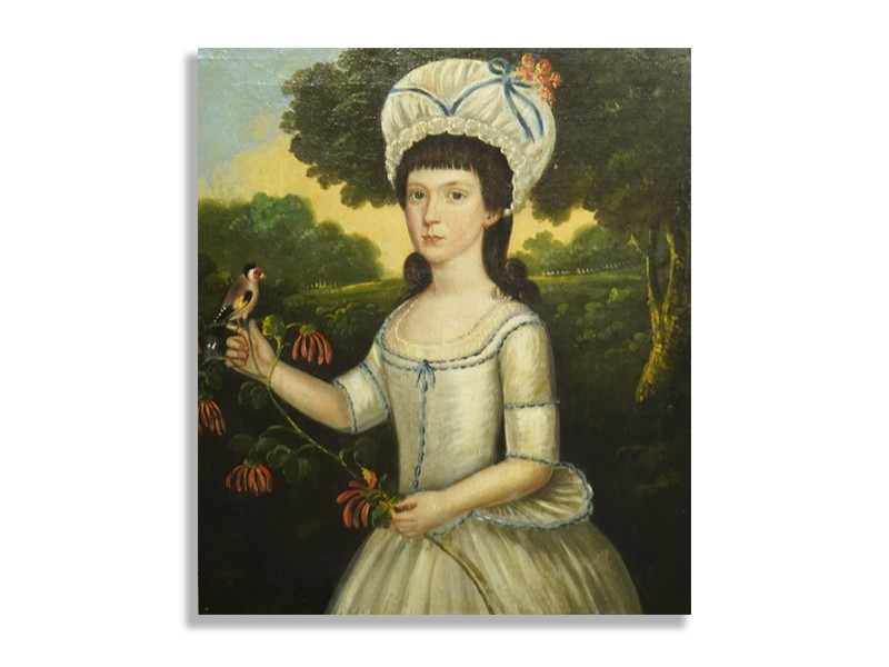 Lot 18 , Late 18th century English School, Half length portrait of a young woman, standing in a landscape holding a goldfinch